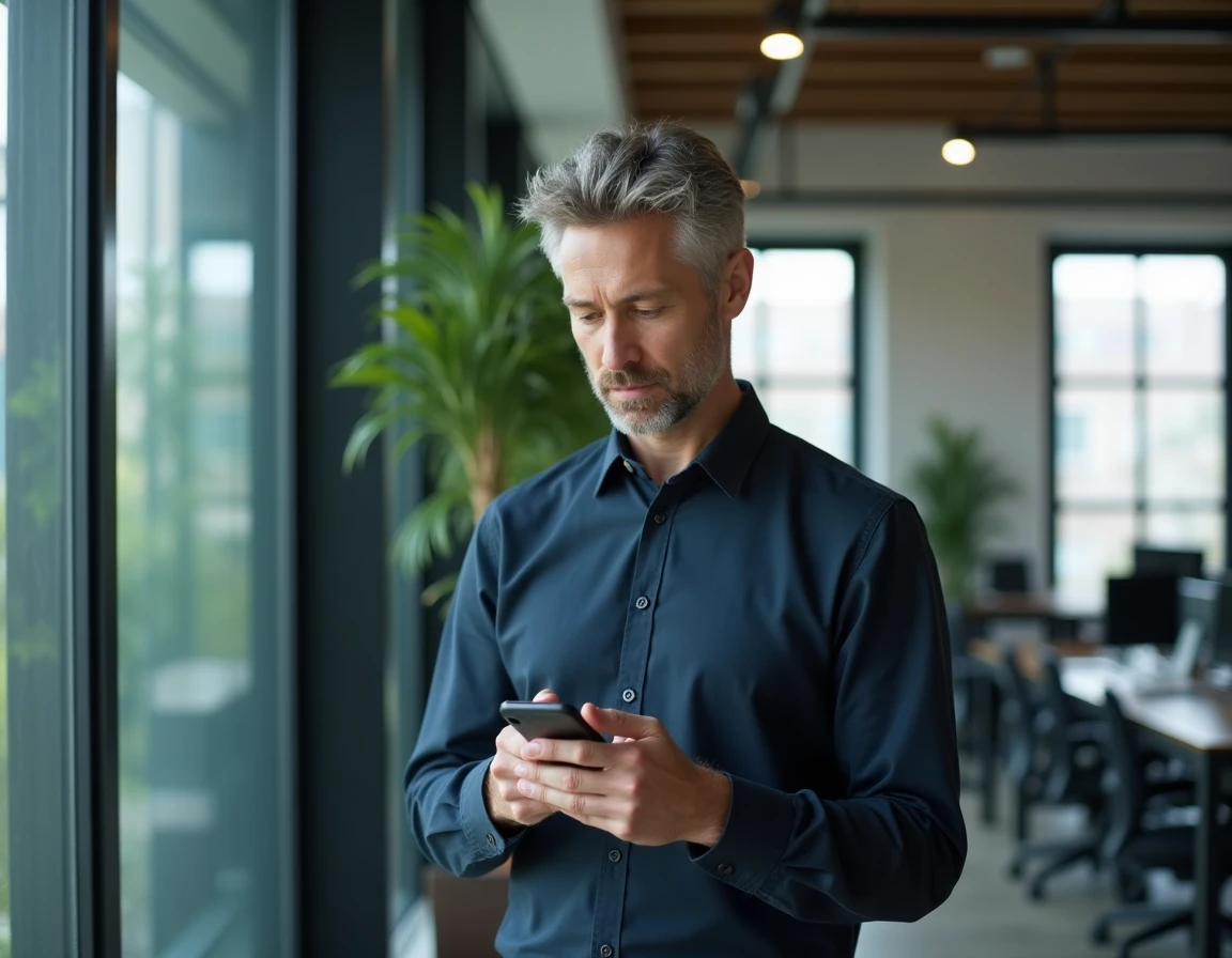 Homme vérifiant une notification de créneau médical disponible sur Doctolib au bureau