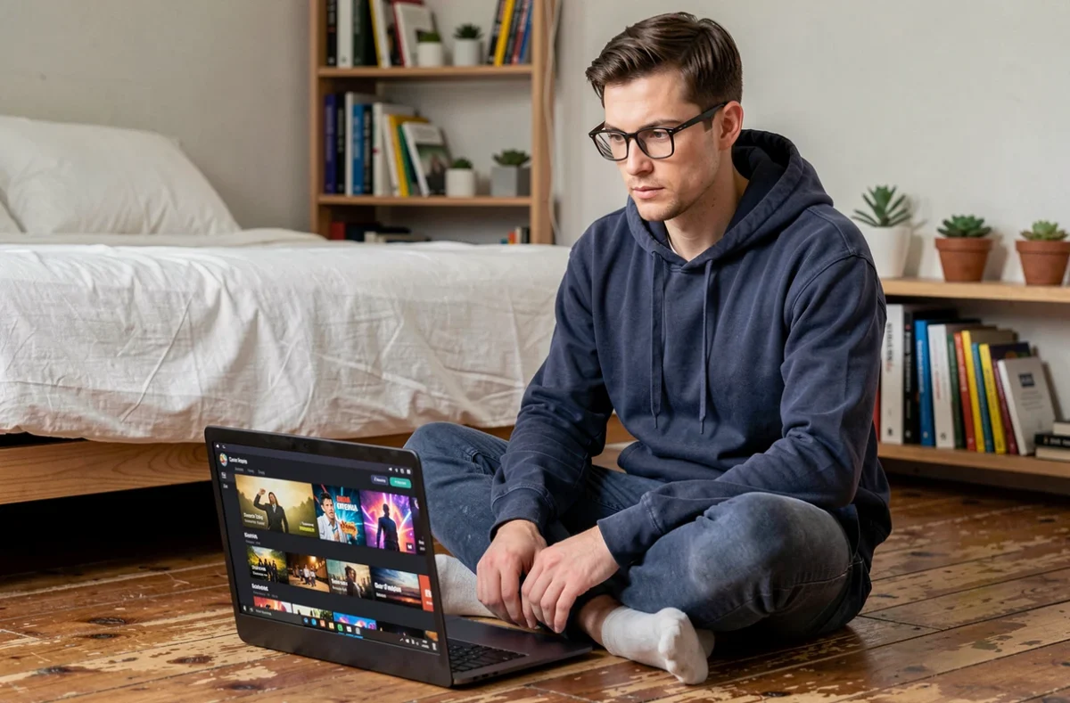 Homme naviguant sur une plateforme de streaming depuis son ordinateur portable dans une chambre moderne