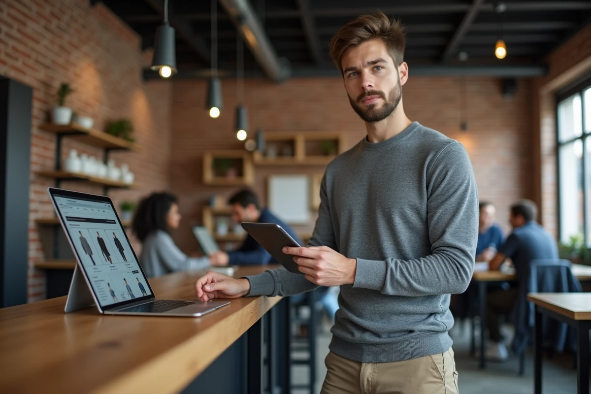 Homme debout dans un espace de coworking explorant un sitemap de site de mode sur une tablette numérique