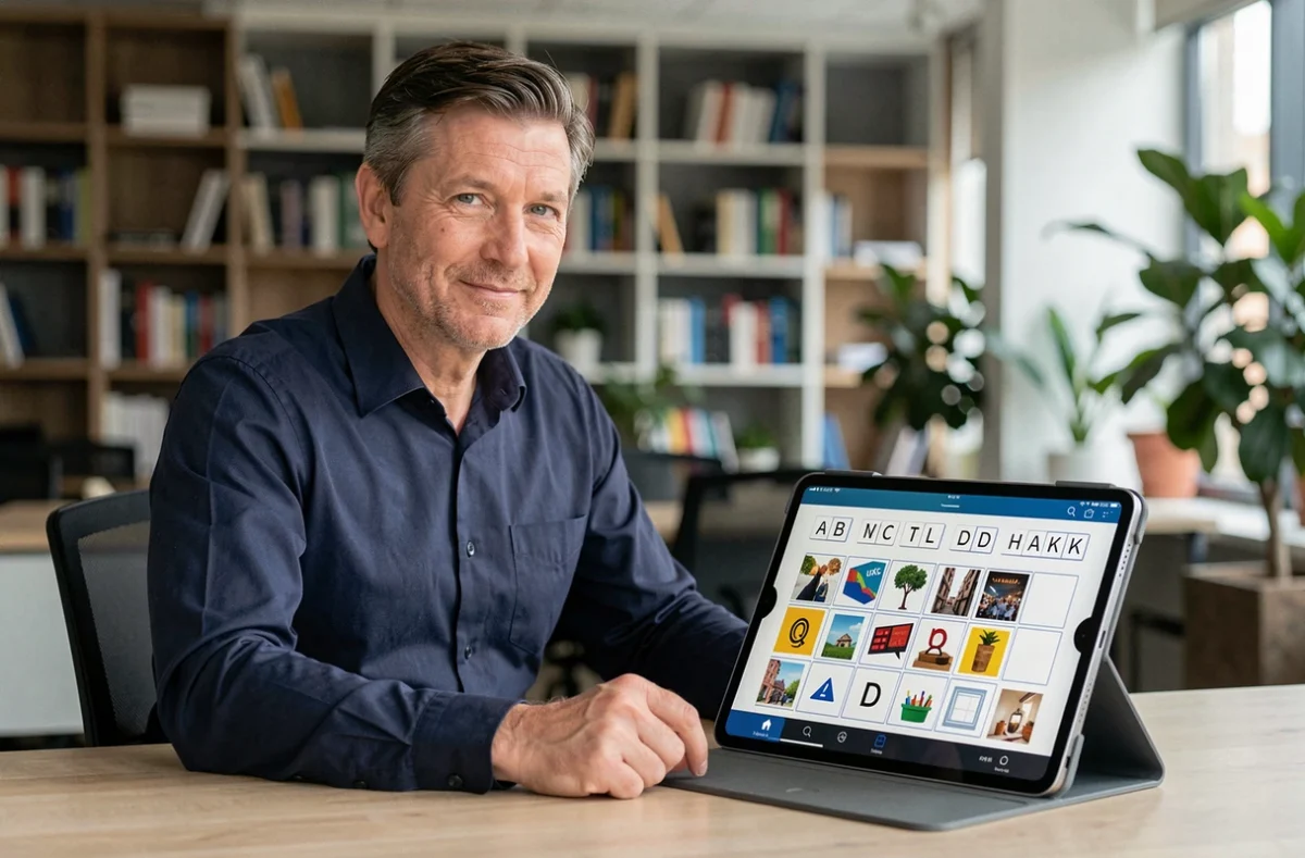 Homme concentré résolvant une énigme de 9 lettres sur le jeu 4 Images 1 Mot en tablette