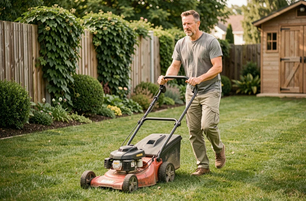 Homme utilisant une tondeuse thermique Greencut dans un jardin bien entretenu