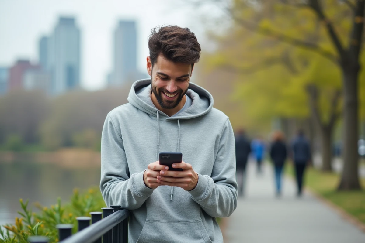 Jeune homme envoyant une photo dans un parc urbain
