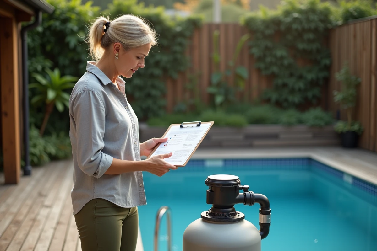 Femme inspectant un filtre de piscine et consultant une liste de contrôle d'entretien sur une terrasse en bois