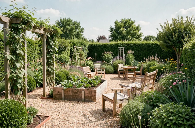 Vue d'ensemble d'un jardin résidentiel réaménagé avec créativité, mêlant allées en gravier, plantes grimpantes, mobilier récupéré et zones végétalisées variées