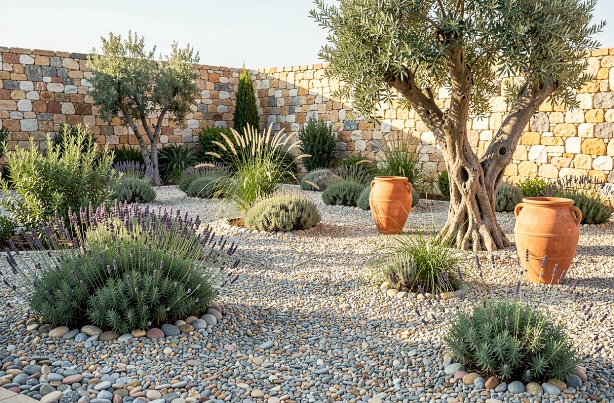Jardin de gravier méditerranéen avec lavande, romarin, graminées ornementales et urnes en terre cuite sur fond de mur en pierre