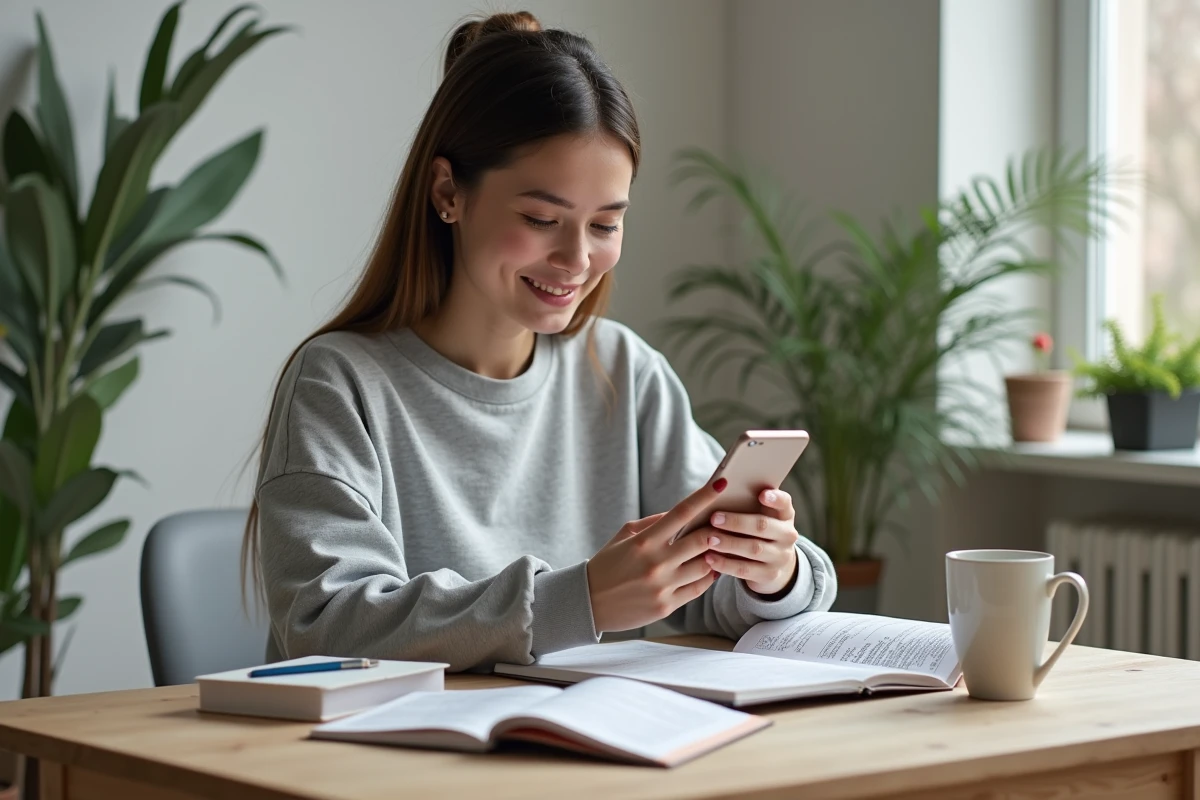 Jeune femme consultant une application d'économies Intermarché sur son téléphone avec des coupons et vignettes sur son bureau