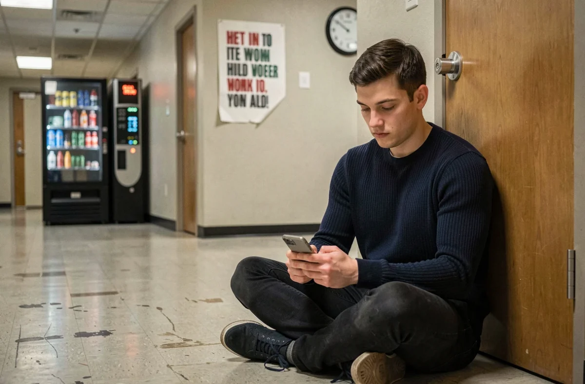 Jeune professionnel assis dans un couloir de bureau souterrain sans fenêtre, consultant son téléphone avec une expression absente