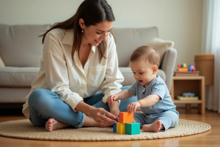 Mère et jeune enfant jouant ensemble avec des cubes en bois colorés sur le sol d'un salon chaleureux, favorisant l'éveil et la motricité
