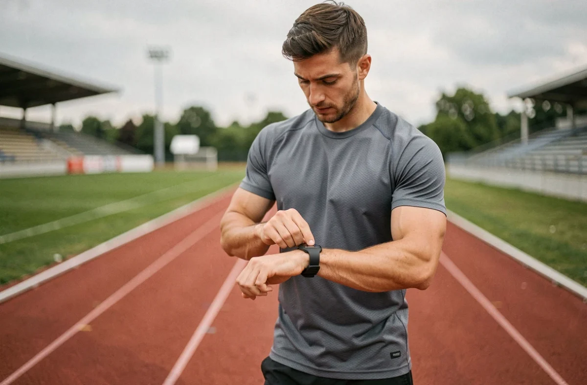 Sportif réglant sa montre GPS connectée sur une piste d'athlétisme pour optimiser ses performances sportives