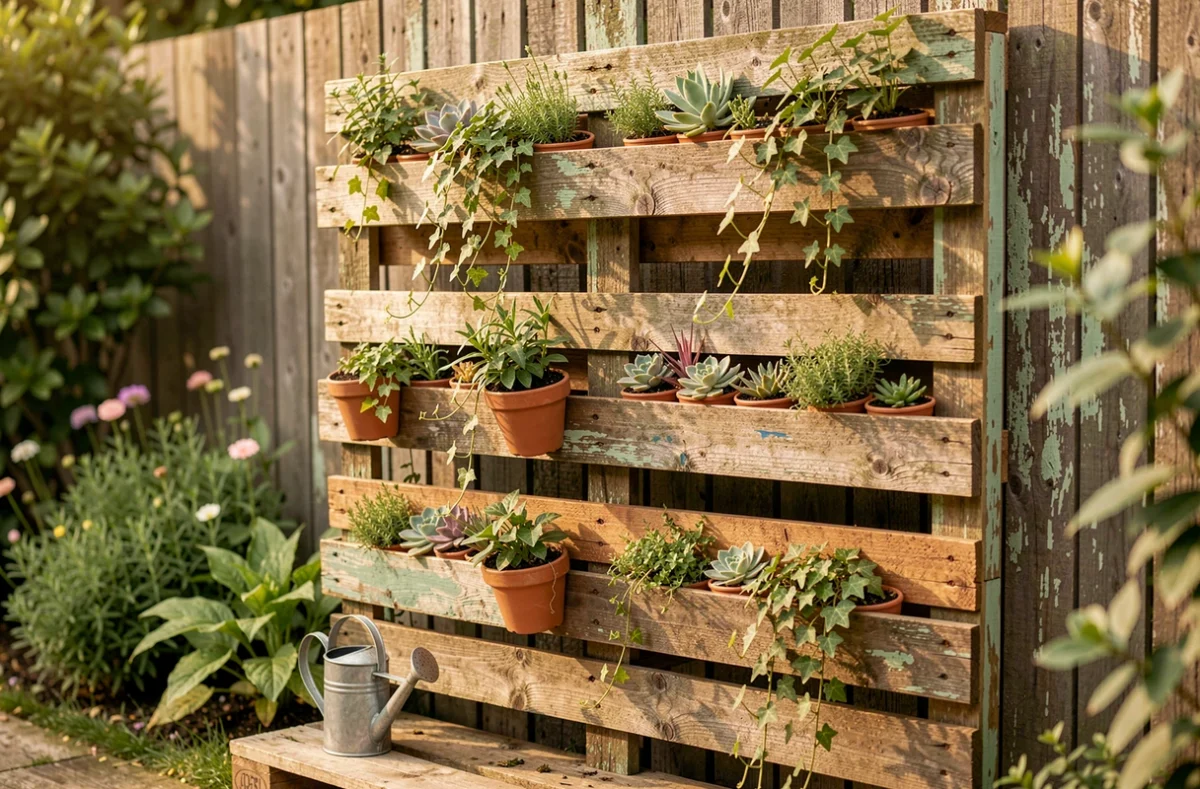 Mur végétal créé sur des palettes en bois récupérées, garnies de plantes aromatiques, succulentes et lierres dans de petits pots en terre cuite