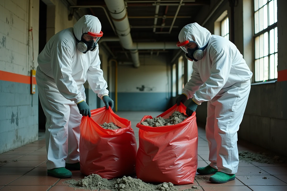 Deux opérateurs en équipements de protection individuelle conditionnant des déchets amiantés dans des sacs étanches réglementaires au sein d'un couloir industriel désaffecté