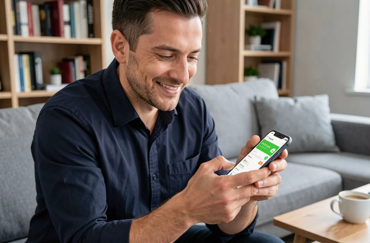 Homme réalisant un paiement de loyer en ligne sur son smartphone dans son salon