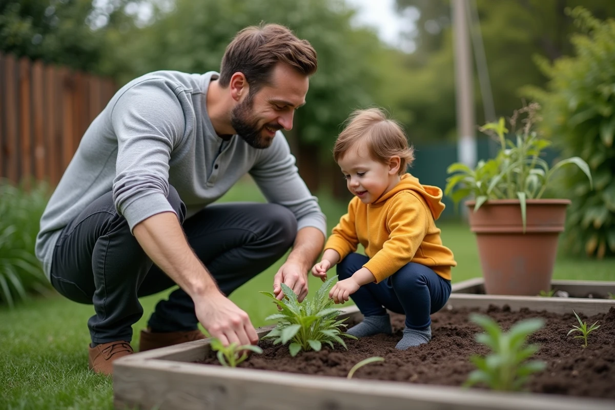 Père et enfant en bas âge explorant un potager ensemble dans un jardin, stimulant la curiosité et l'éveil aux sciences naturelles