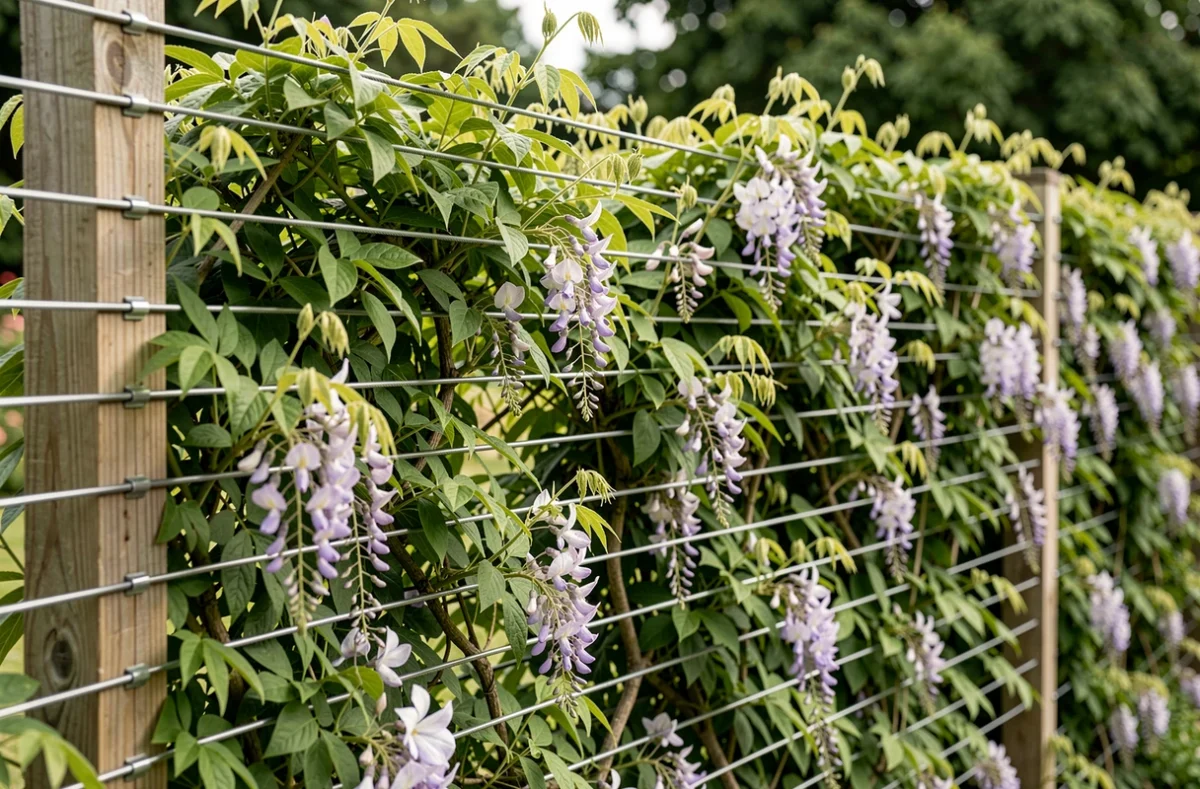 Plantes grimpantes comme la glycine et la clématite guidées sur des câbles tendus entre poteaux en bois, formant un écran végétal élégant