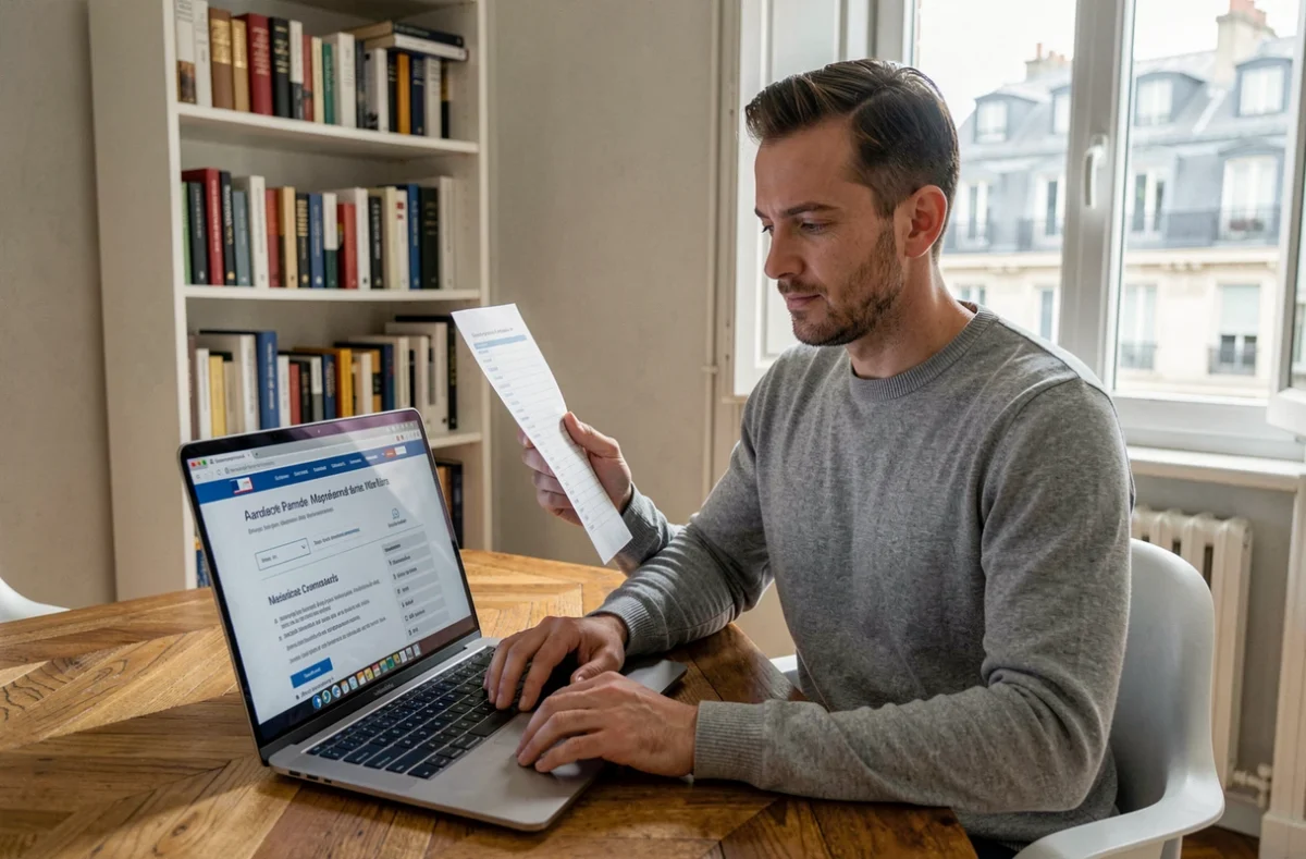 Homme recherchant en ligne comment consulter les bans de mariage à Paris 19 depuis son appartement
