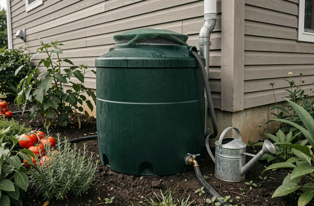 Récupérateur d'eau de pluie en polymère vert foncé installé en façade de maison près de la gouttière, entouré de plants de tomates et d'herbes aromatiques