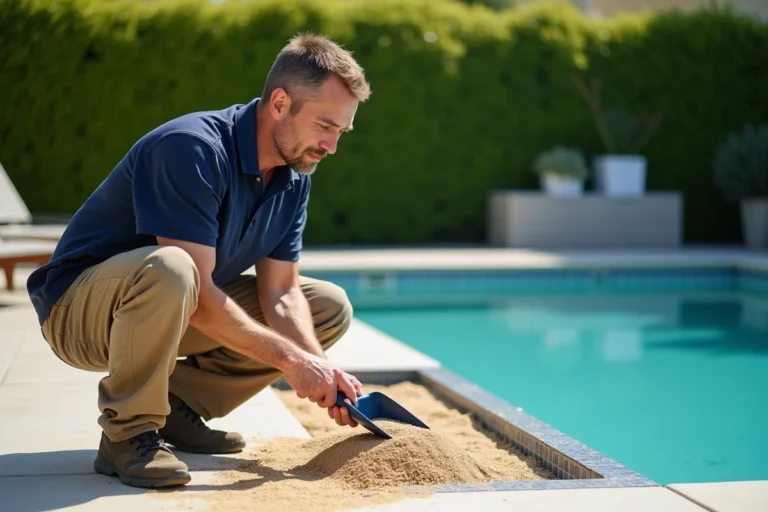 Technicien de piscine remplaçant le sable usé d'un filtre à côté d'une piscine résidentielle extérieure