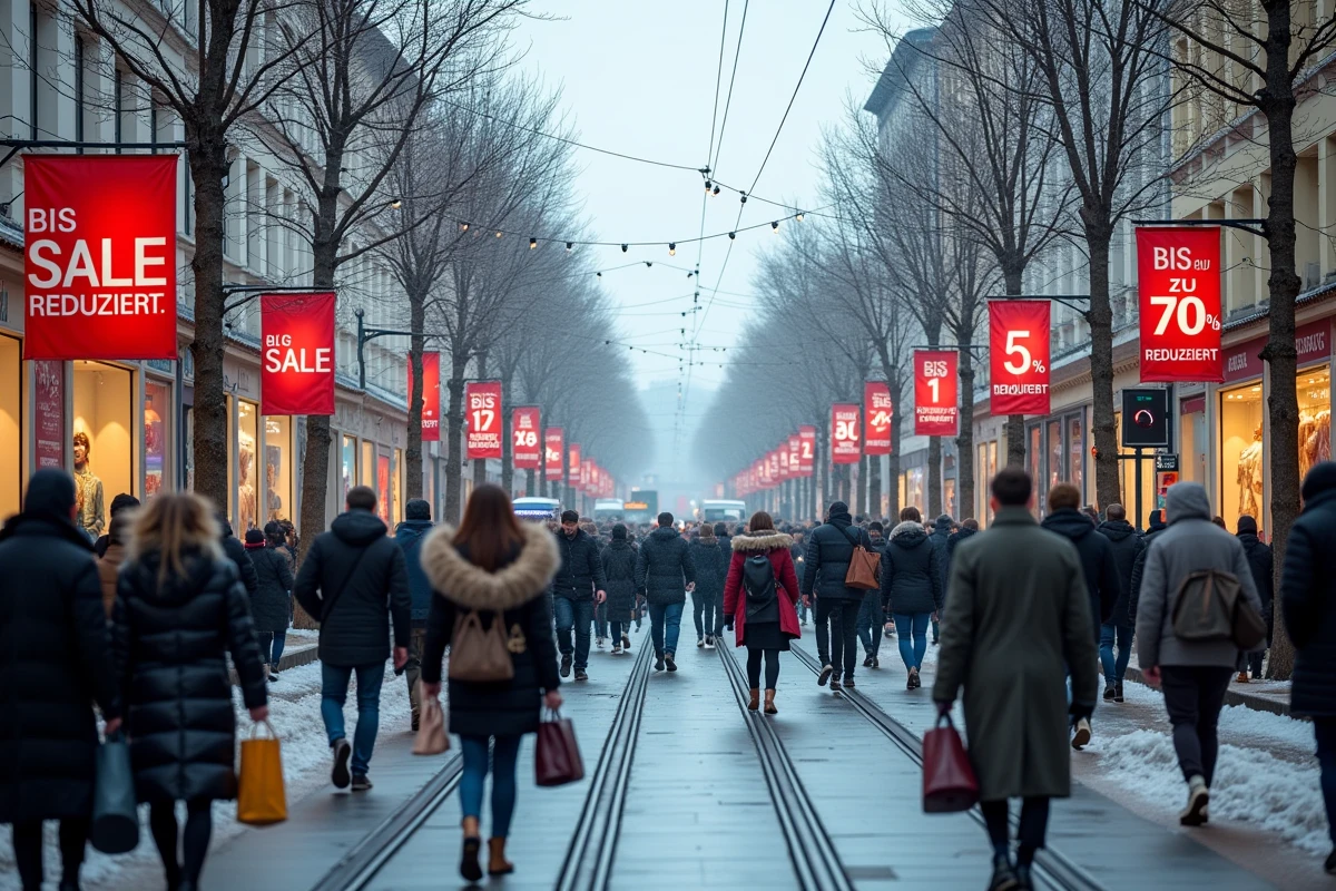 Rue commerçante animée en Allemagne pendant les soldes d'hiver avec des passants portant des sacs et des vitrines affichant des bannières de réduction