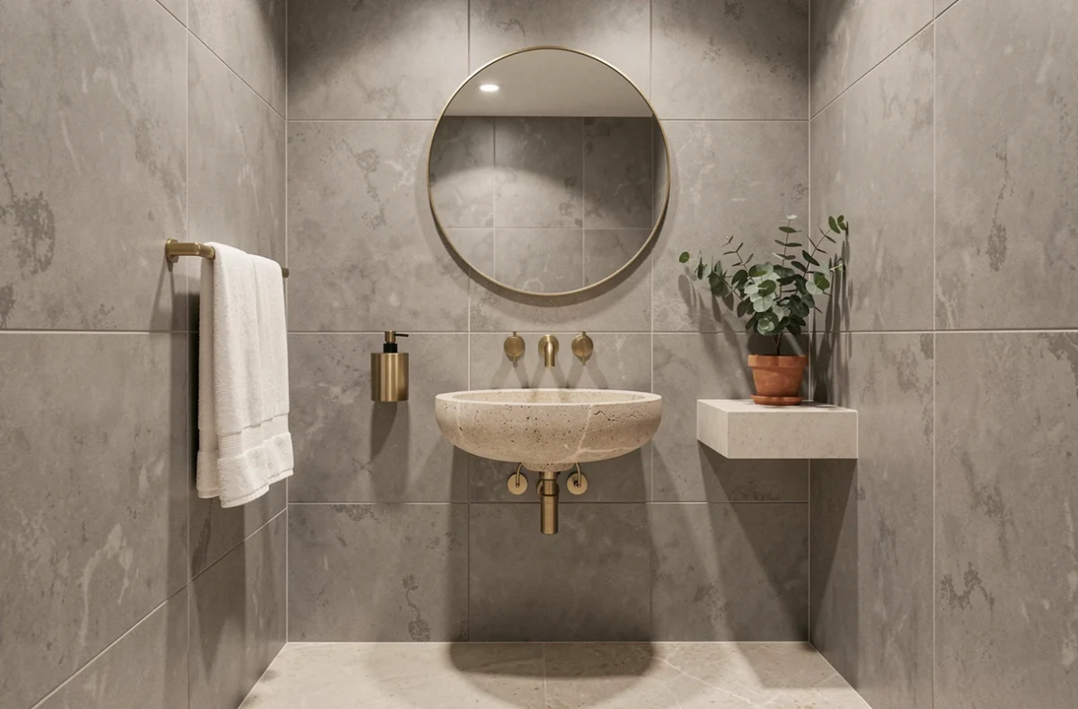 Salle de bain élégante et fonctionnelle avec accessoires en laiton brossé, serviettes en coton et éléments de décoration naturels