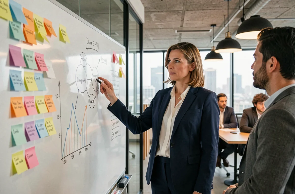 Femme d'affaires présentant une stratégie de croissance innovante à son équipe dans un bureau moderne avec tableau blanc et notes de travail