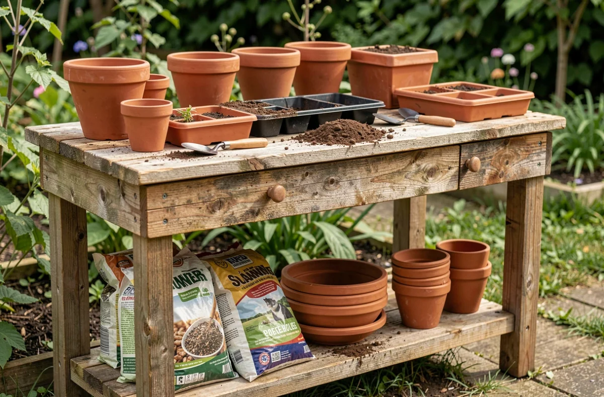 Table de rempotage artisanale construite en bois de récupération, garnie de pots en terre cuite, plateaux de semis et outils de jardinage