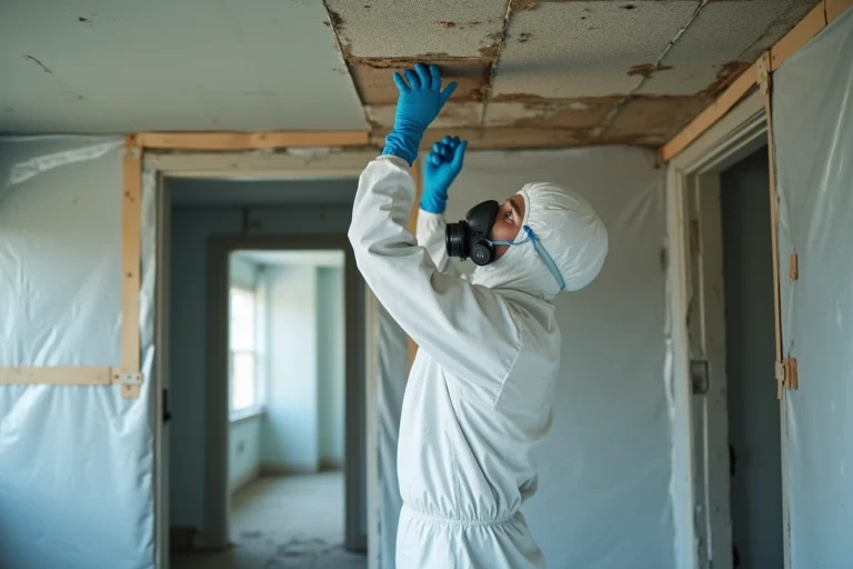 Technicien en combinaison de protection blanche et masque respiratoire effectuant un confinement de matériaux contenant de l'amiante dans un bâtiment en rénovation