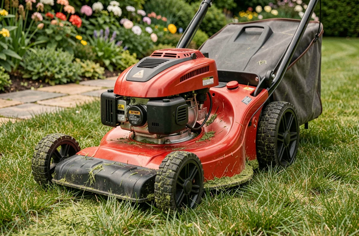 Tondeuse thermique Greencut GLM660SX vue de près sur pelouse fraîchement tondue
