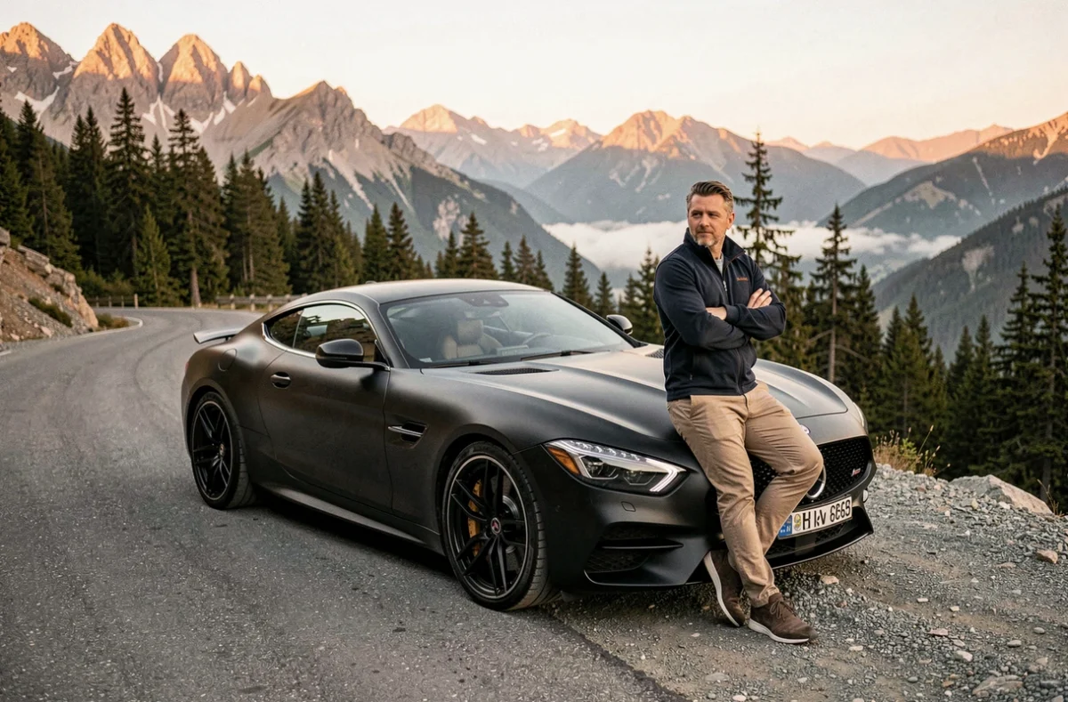 Voiture de grand tourisme noire mate sur une route de montagne alpine avec un homme en veste de conduite contemplant le paysage