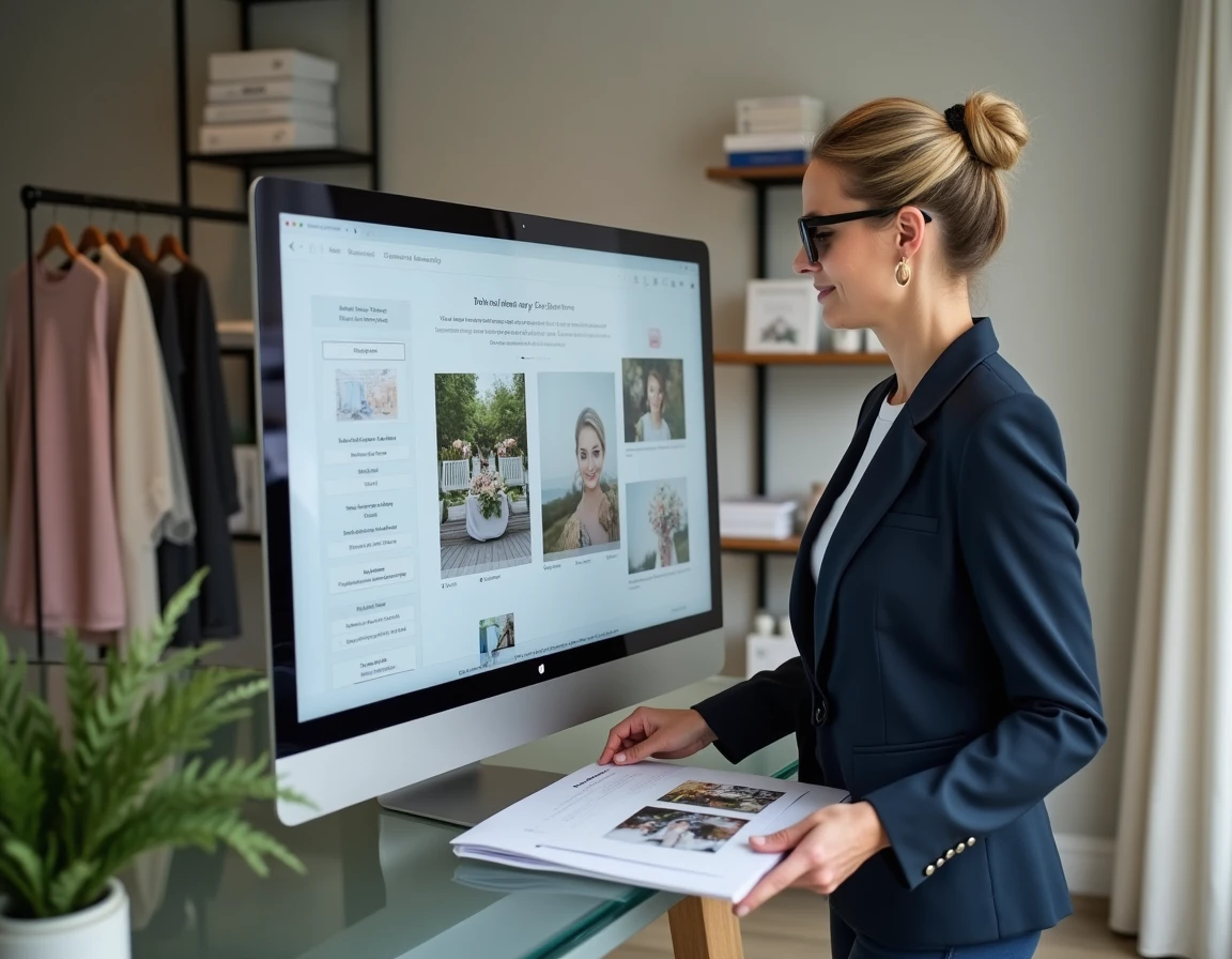 Wedding planner professionnelle révisant un tableau de bord numérique pour organiser un mariage dans son studio