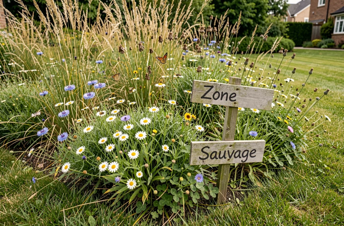 Zone en friche contrôlée dans un jardin résidentiel, avec fleurs sauvages, graminées et pollinisateurs comme abeilles et papillons visibles